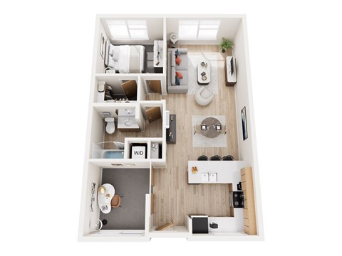 A top down view of a small apartment with a kitchen, living room, and bathroom.